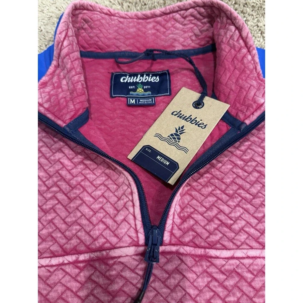 Chubbies The Let Me Pink Blue 1/4 Zip Quilted Jacket Fleece Sweater Men’s M Nwt